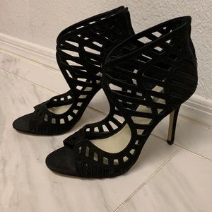 NWT BCBG Black Suede Caged Sandals